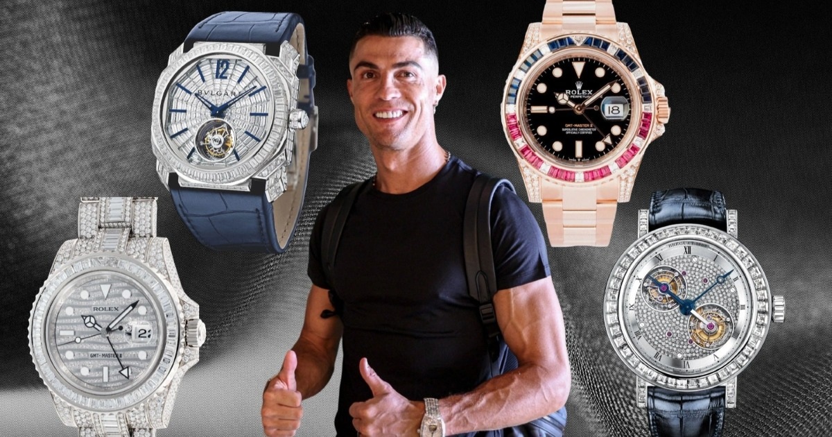 CR7 chắc chắn thích những món đồ độc đáo. Anh sở hữu chiếc Girard Perregaux Planetarium Tri-axial, được đính đầy đủ kim cương cắt baguette trên vành và dây đeo. Mặt số có mô hình Trái Đất bằng titan được vẽ tay, quay theo chu kỳ 24 giờ và tourbillon ba trục rất hiếm trên thế giới. Món phụ kiện có giá 2 triệu USD (hơn 50 tỷ đồng), không có sẵn trên thị trường (Ảnh: Superwatchman).