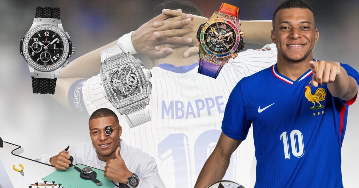 Kylian Mbappé đeo chiếc Hublot Big Bang Unico Titanium Rainbow 42 mm trong cuộc họp báo vào tháng 9/2022. Đồng hồ có mặt số lộ cơ màu đen, đi kèm dây đeo bằng da cá sấu nhiều màu. Vỏ đồng hồ bằng titan 45mm được đính 176 viên đá quý màu. Khung bezel bằng vàng trắng 18K được đính 48 viên đá quý màu cắt kiểu baguette. Hiện tại, mẫu phụ kiện đeo tay này có giá bán 72.500 USD (hơn 1,8 tỷ đồng) (Ảnh: IFL Watches).